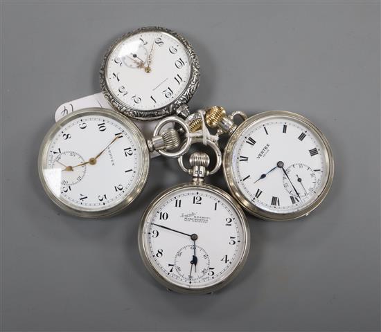 Three assorted silver and one sterling pocket watches, including two Vertex, one Everite and a Blair & Crawford.